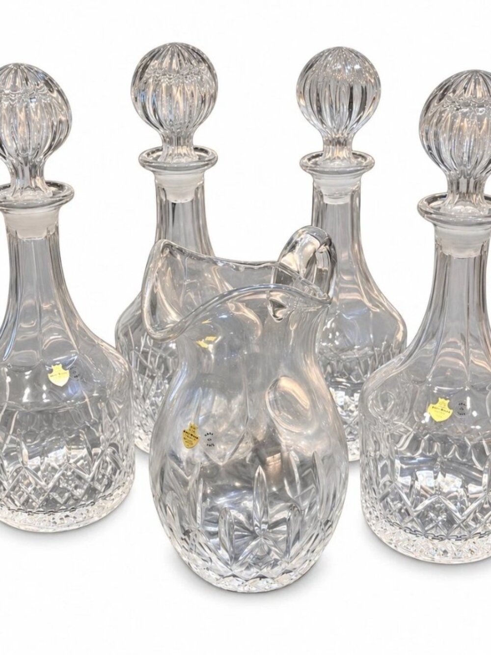 Mont Royale 24% Lead Crystal 4 Decanters Stoppers & Pitcher Hand Cut Canada 5pc